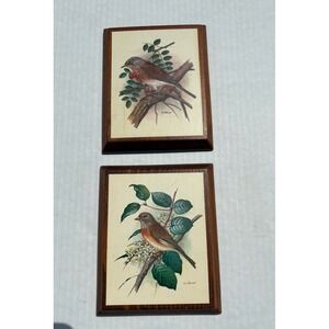 Vintage Set‎ Of Two Small Bird Prints by P.H. Gonner On Wood Plaques 4.5" X 5.5"